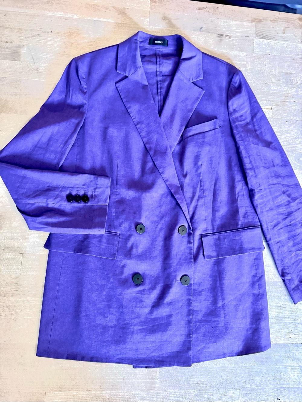 Theory “Good Linen” Double-Breasted Purple Blazer